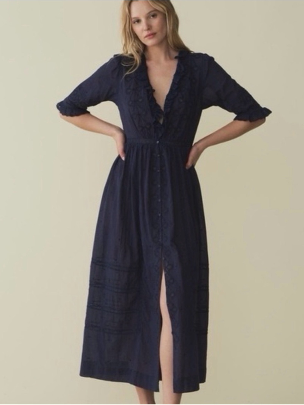 doen rosabella dress in adriatic Navy Ruffle-Trim Maxi Dress